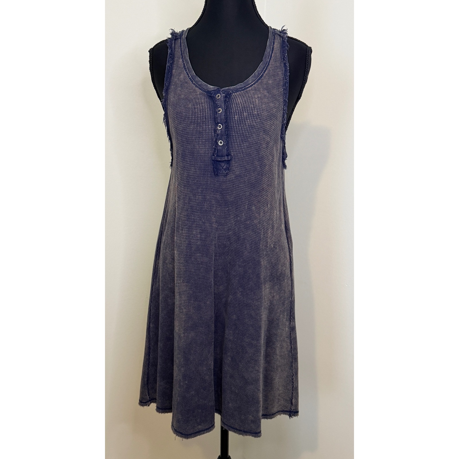 Loveriche Blue Acid Wash Waffle Knit Henley Mini Dress Sleeveless Ld41712 Small
